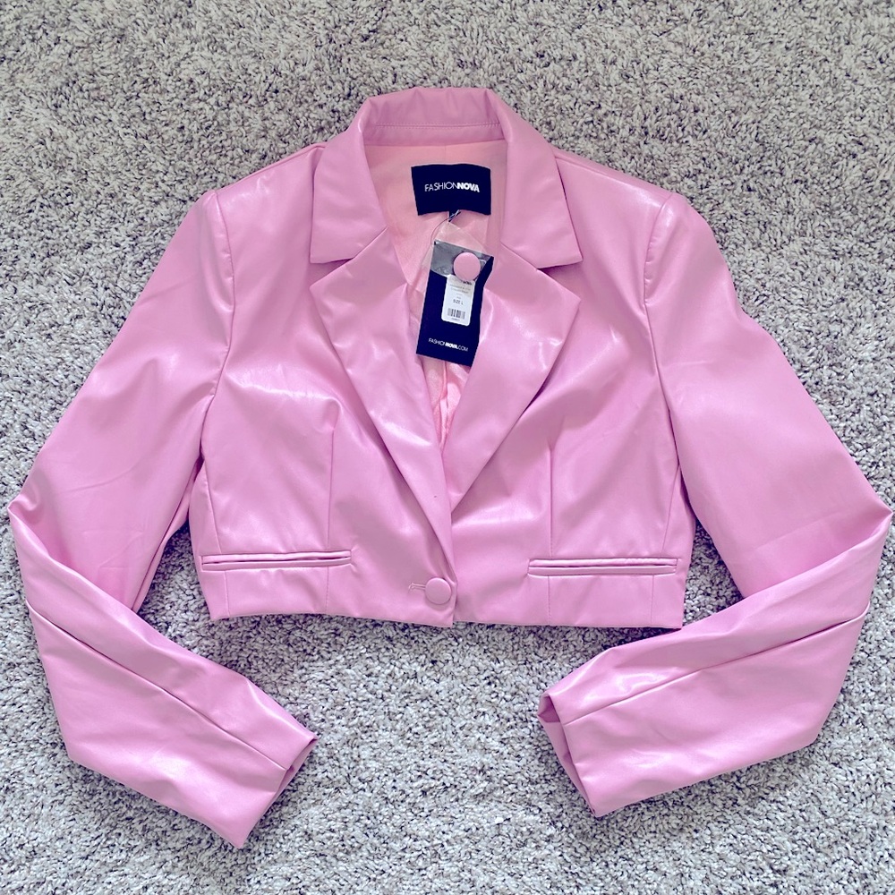 Pink crop faux leather jacket